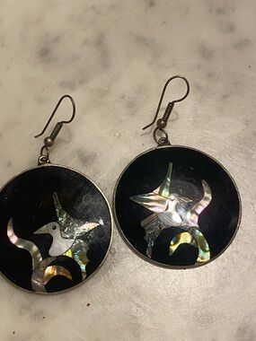 Vintage Black and Iridescent Mother-of-Pearl Bird Drop Earrings